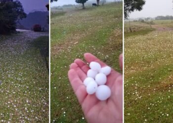 Chuva de granizo de 3 minutos atinge campo e deixa área coberta de gelo no RS; VÍDEO