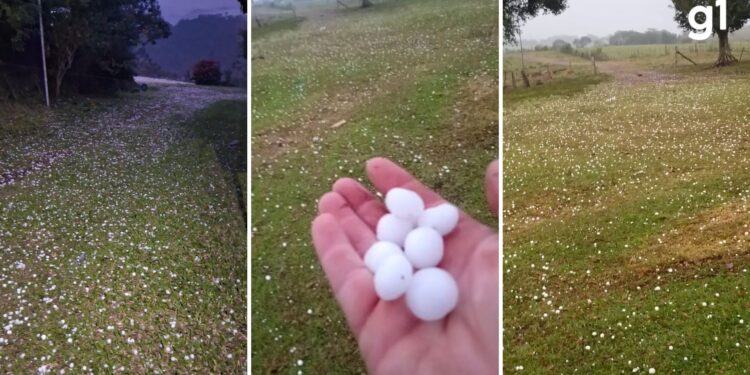 Chuva de granizo de 3 minutos atinge campo e deixa área coberta de gelo no RS; VÍDEO